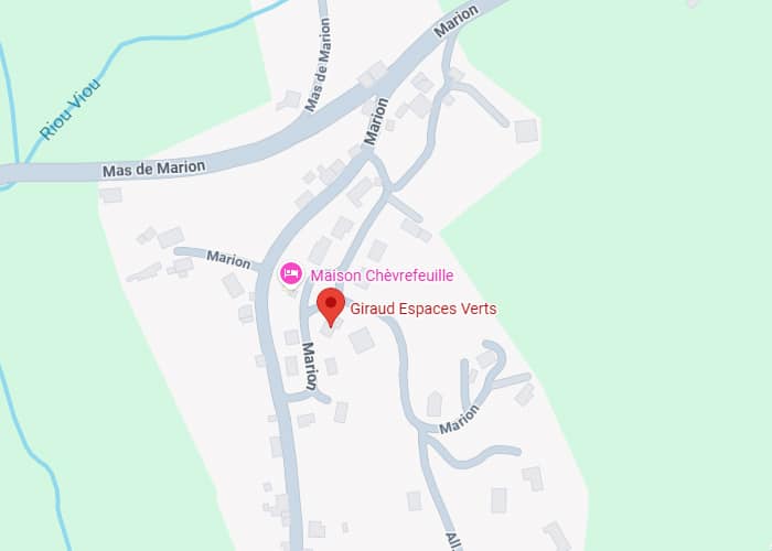 Marion : Localisation Giraud Espaces Verts et Chèvrefeuille Carte de localisation Marion Mas de Marion. Giraud Espaces Verts et Maison Chèvrefeuille sont indiqués près de la rivière Riou Viou.