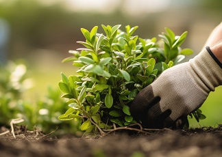 Plantation d'arbustes : Nos conseils pour un jardin réussi Gros plan d'une main gantée tenant délicatement un petit buisson vert lors de la plantation dans la terre meuble.