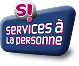 Logo 3D bleu foncé pour les services à la personne. Bulle d'exclamation rose et blanche "Sì!" au-dessus du texte "services à la personne".